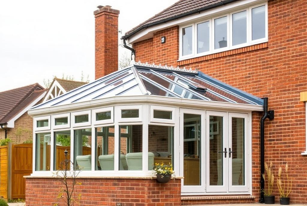 Modern conservatory attached to a brick home with a glass roof