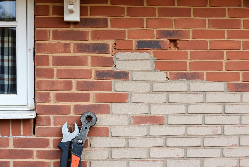 Repointed brickwork on a house exterior with tools nearby