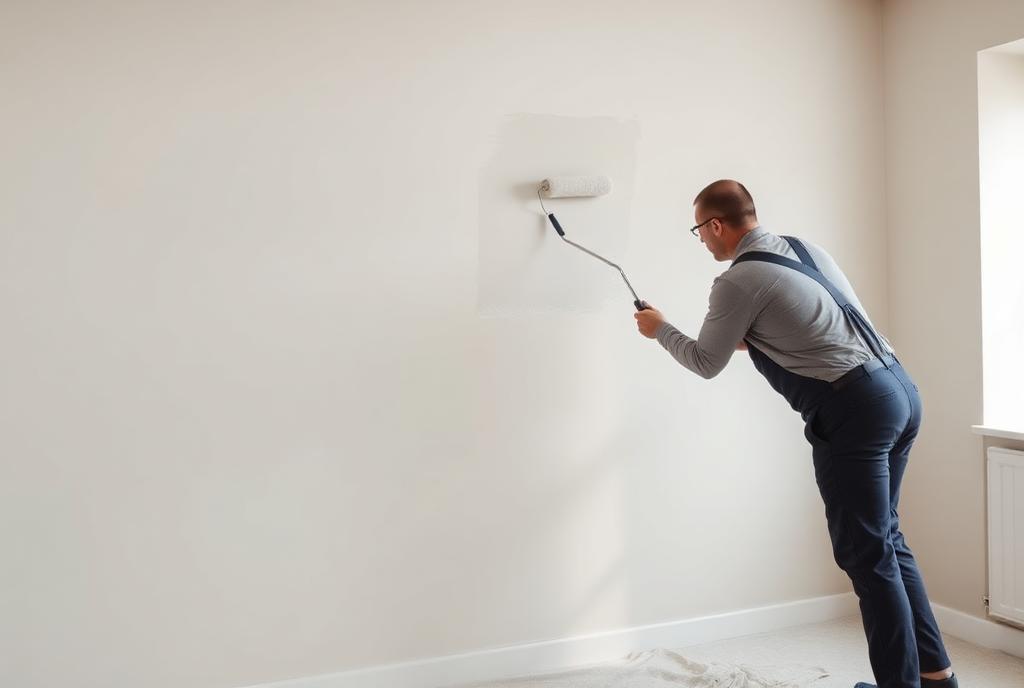 Decorator painting an interior wall with a roller